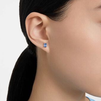 swarovski أقراط دبوسية chroma، قطع مربع بحواف مستديرة، لون أزرق، طلاء روديوم