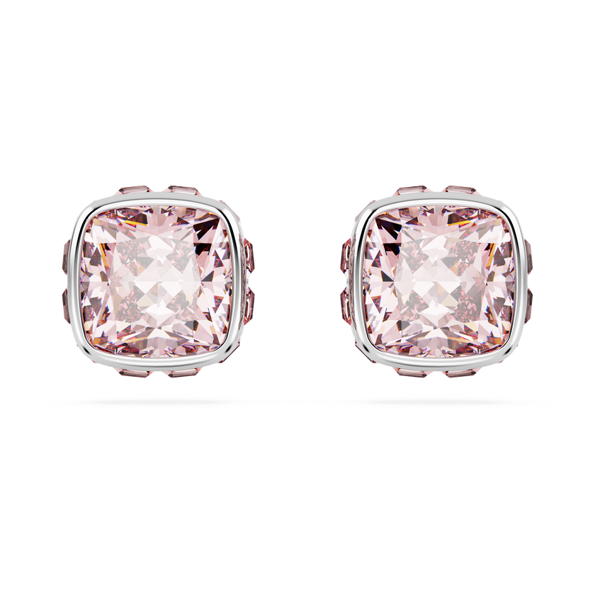 swarovski أقراط دبوسية birthstone، قطع مربع، شهر يونيو، لون وردي، طلاء روديوم