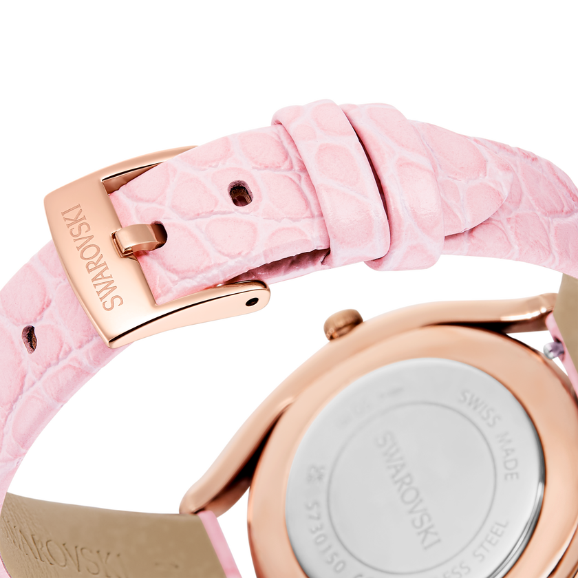 swarovski crystalline aura watch  swiss made  leather strap  pink  rose gold tone finish