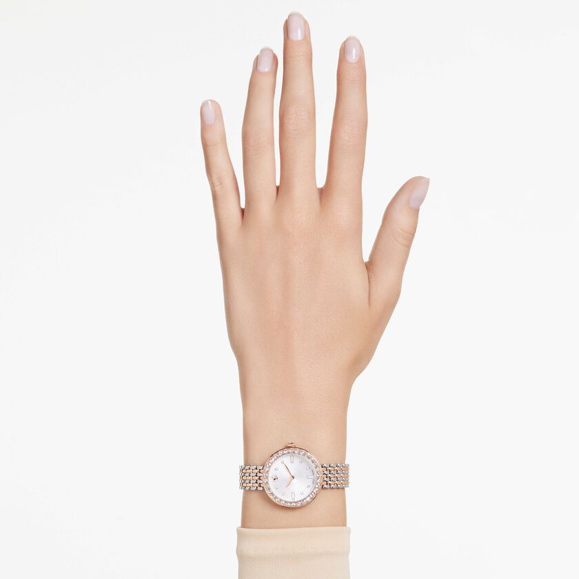 swarovski matrix tennis 7 link watch  swiss made  metal bracelet  rose gold tone  mixed metal finish
