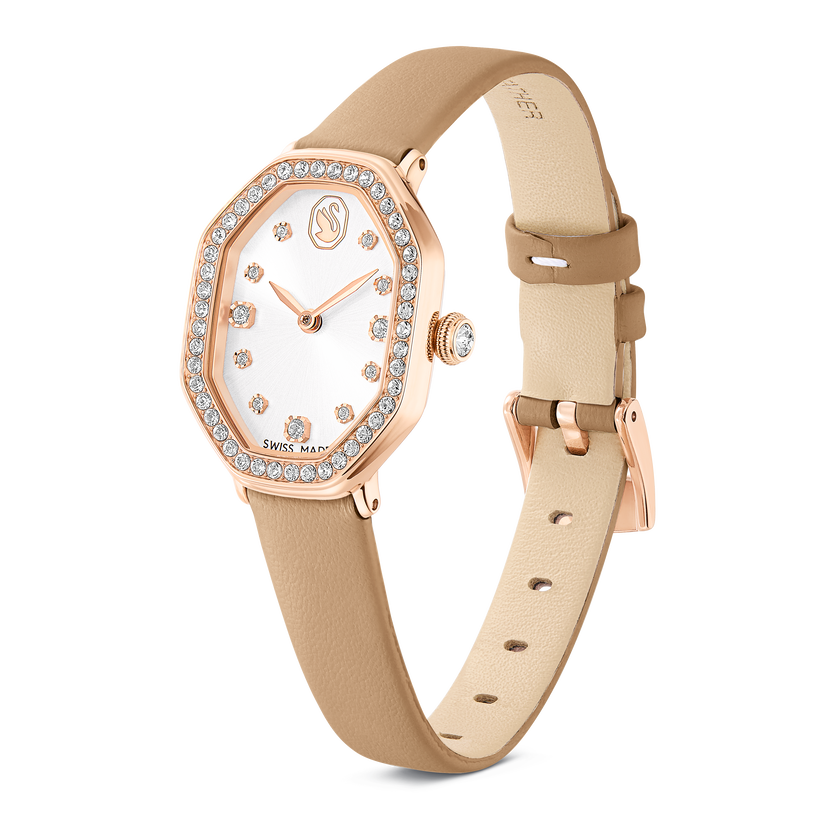 swarovski dextera octagon watch  swiss made  leather strap  brown  rose gold tone finish