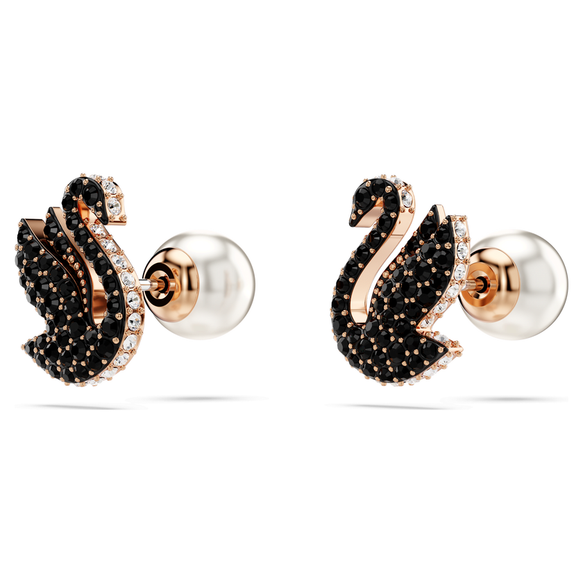 swarovski swan stud earrings  crystal pearl  swan  black  rose gold tone plated