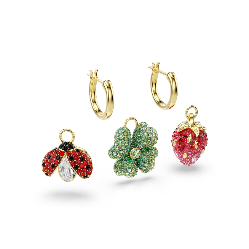 swarovski idyllia drop earrings  set  3   ladybug  clover  strawberry  multicolored  18k gold finish