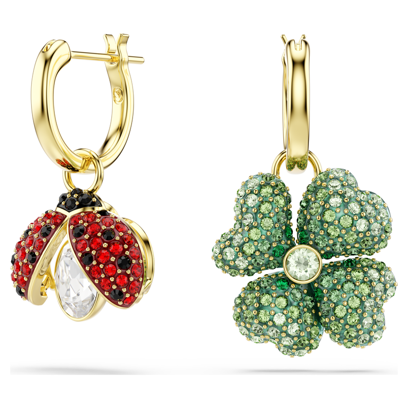 swarovski idyllia drop earrings  set  3   ladybug  clover  strawberry  multicolored  18k gold finish