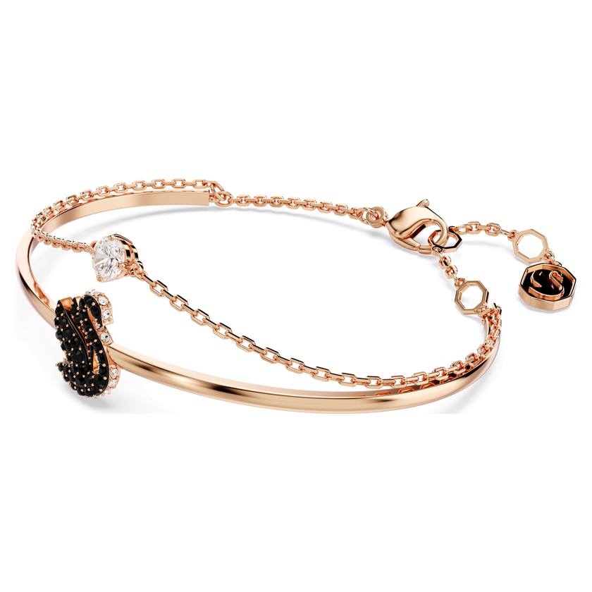 سوار swarovski swan، على شكل بجعة، لون أسود، طلاء ذهبي وردي