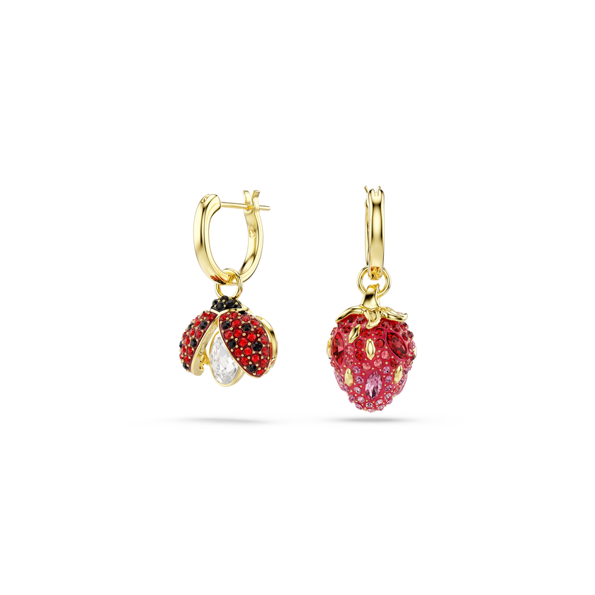 swarovski idyllia drop earrings  set  3   ladybug  clover  strawberry  multicolored  18k gold finish