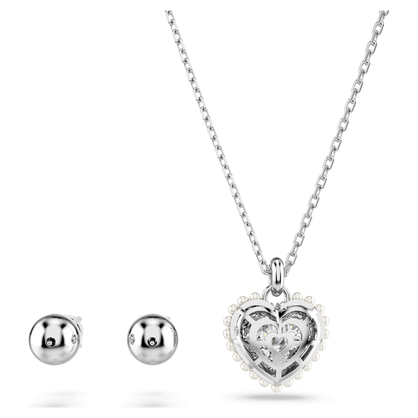swarovski hyperbola set  crystal pearl  heart  white  rhodium plated