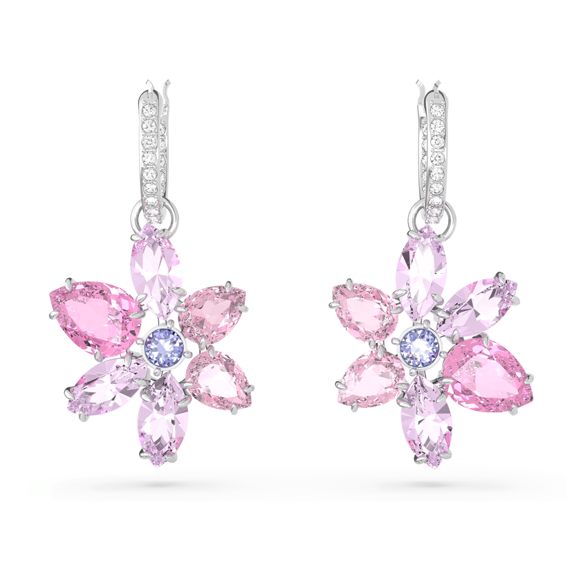 swarovski gema drop earrings  mixed cuts  flower  pink  rhodium plated