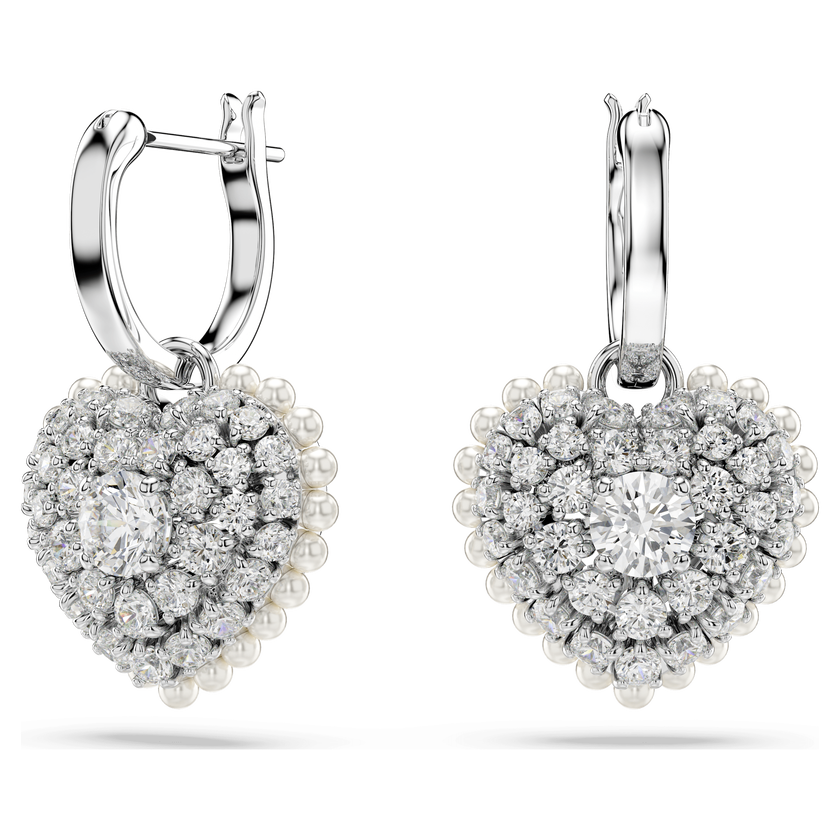 swarovski hyperbola drop earrings  crystal pearl  heart  white  rhodium plated