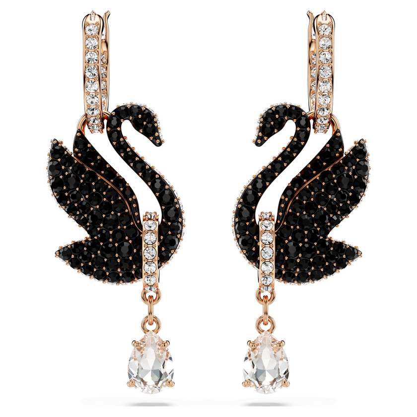 swarovski swan drop earrings  swan  black  rose gold tone plated