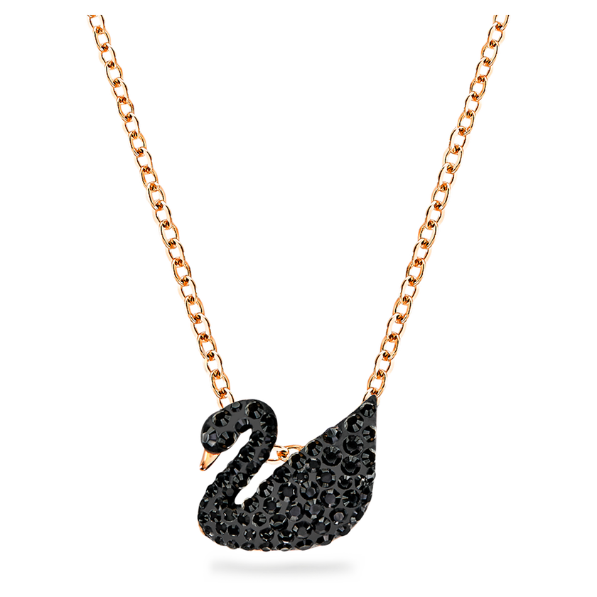swarovski قلادة iconic swan بحلية متدلية، لون أسود، طلاء ذهبي وردي
