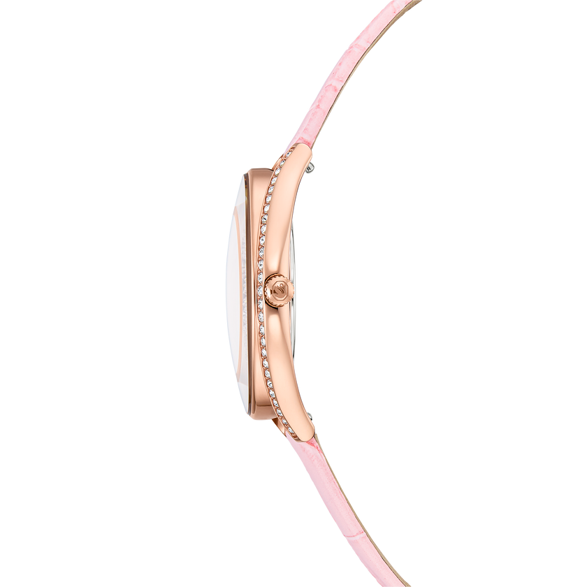 swarovski crystalline aura watch  swiss made  leather strap  pink  rose gold tone finish