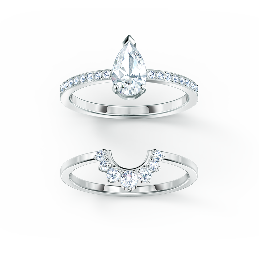 swarovski مجموعة خواتم attract على شكل كمثري، لون أبيض، طلاء روديوم