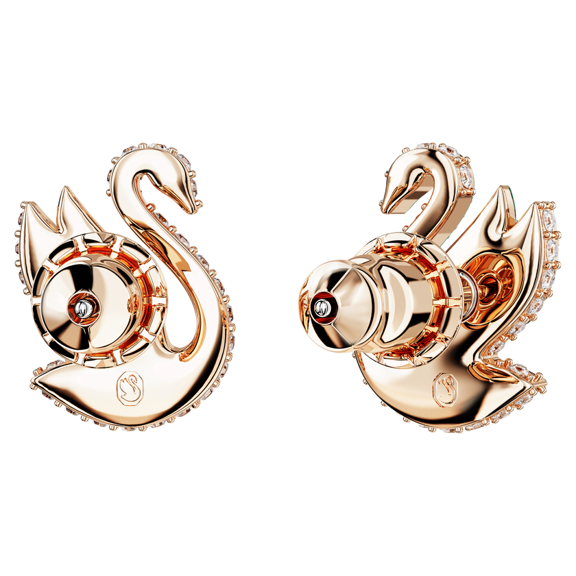 swarovski أقراط دبوسية swan، على شكل بجعة، لون أخضر، طلاء بلون ذهبي وردي