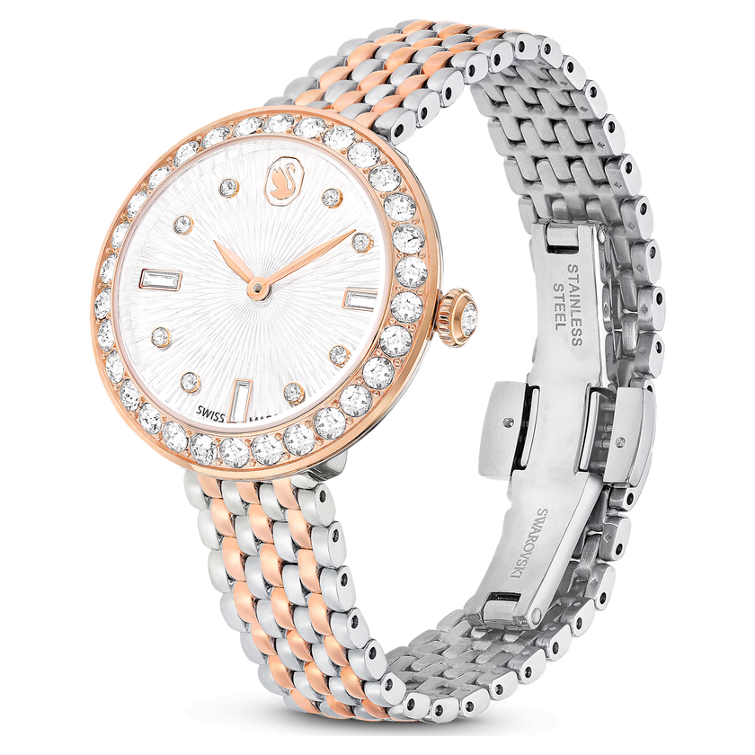 swarovski matrix tennis 7 link watch  swiss made  metal bracelet  rose gold tone  mixed metal finish