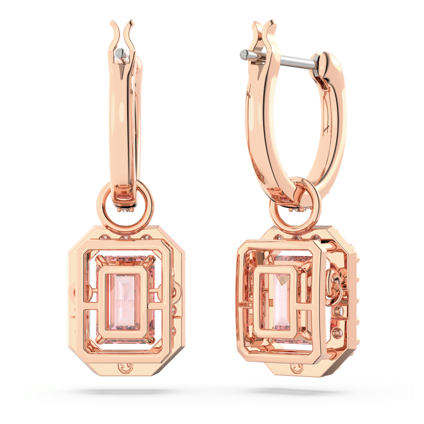 swarovski una drop earrings  octagon cut  pink  rose gold tone plated