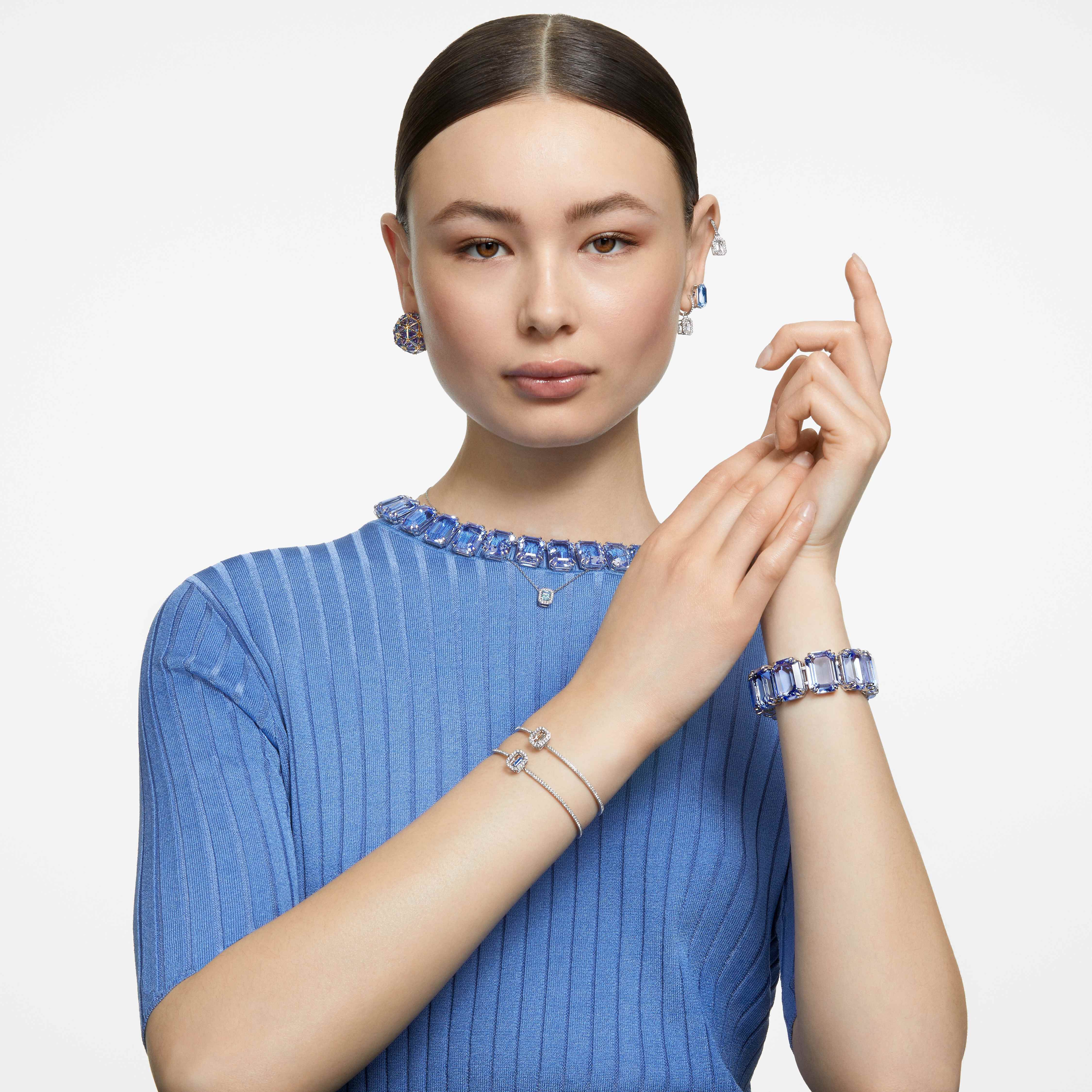 swarovski una bangle  octagon cut  pav   blue  rhodium plated