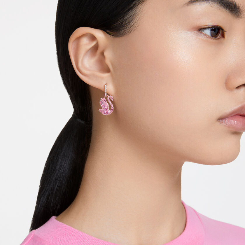 swarovski iconic swan drop earrings  swan  pink  rose gold tone plated