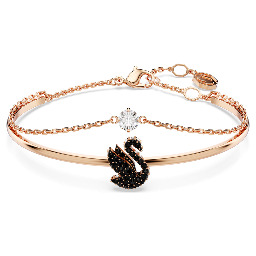سوار swarovski swan، على شكل بجعة، لون أسود، طلاء ذهبي وردي
