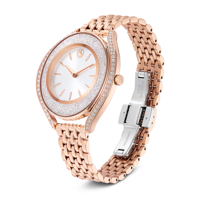 swarovski ساعة crystalline aura، صناعة سويسرية، سوار معدني، لون ذهبي وردي، لمسة نهائية بلون ذهبي وردي