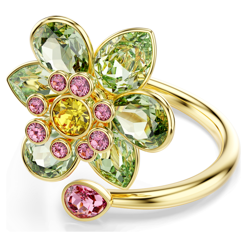 swarovski idyllia open ring  mixed cuts  flower  green  gold tone plated