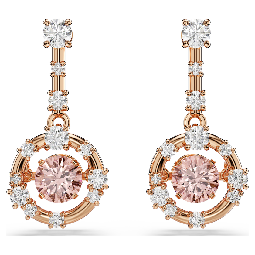swarovski constella drop earrings  round cut  dancing stone  pink  rose gold tone plated