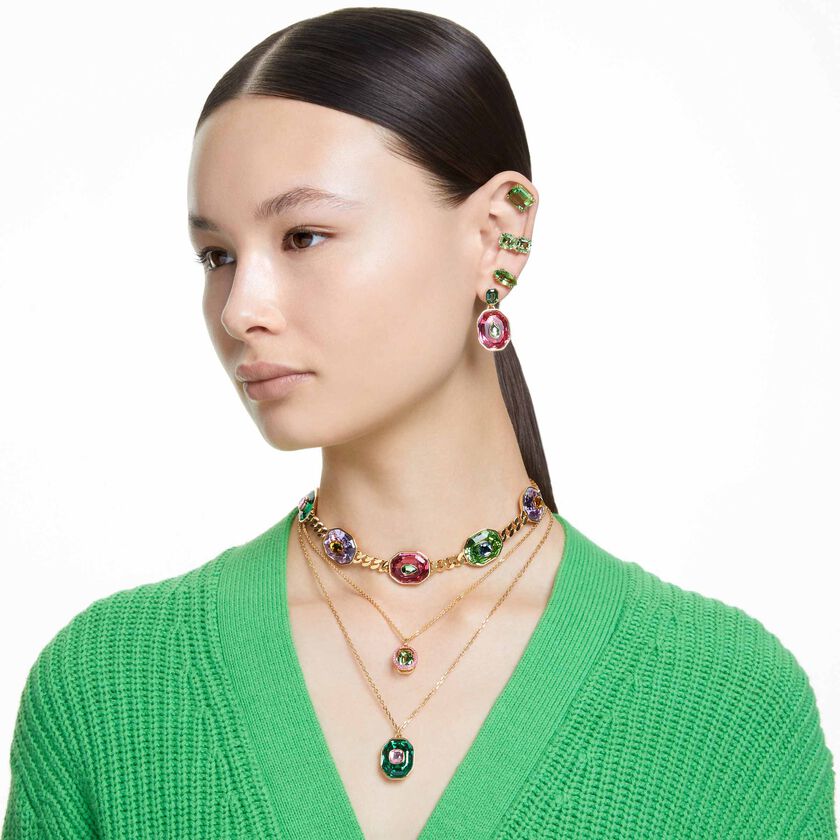 swarovski أقراط مشبك millenia، قطع مربع، لون أخضر، طلاء بلون ذهبي