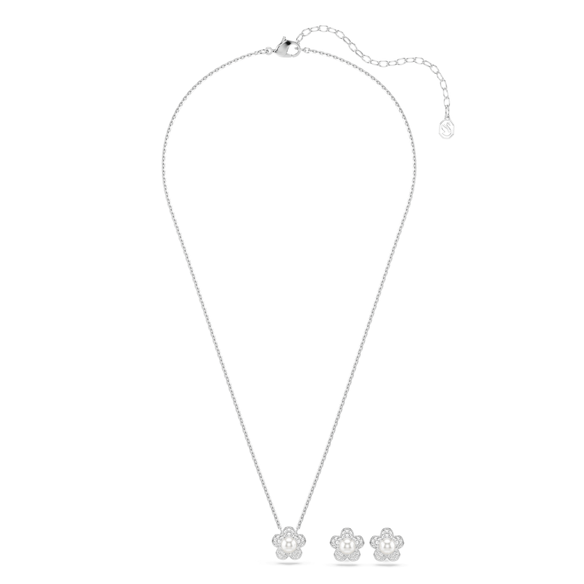 ariana grande x swarovski set  crystal pearl  round cut  flower  white  rhodium plated
