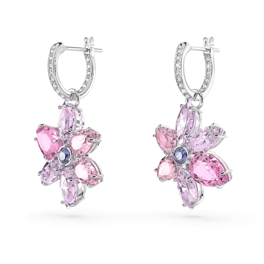 swarovski gema drop earrings  mixed cuts  flower  pink  rhodium plated