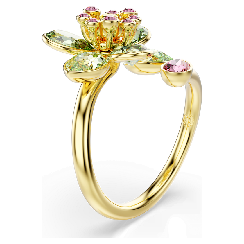 swarovski idyllia open ring  mixed cuts  flower  green  gold tone plated