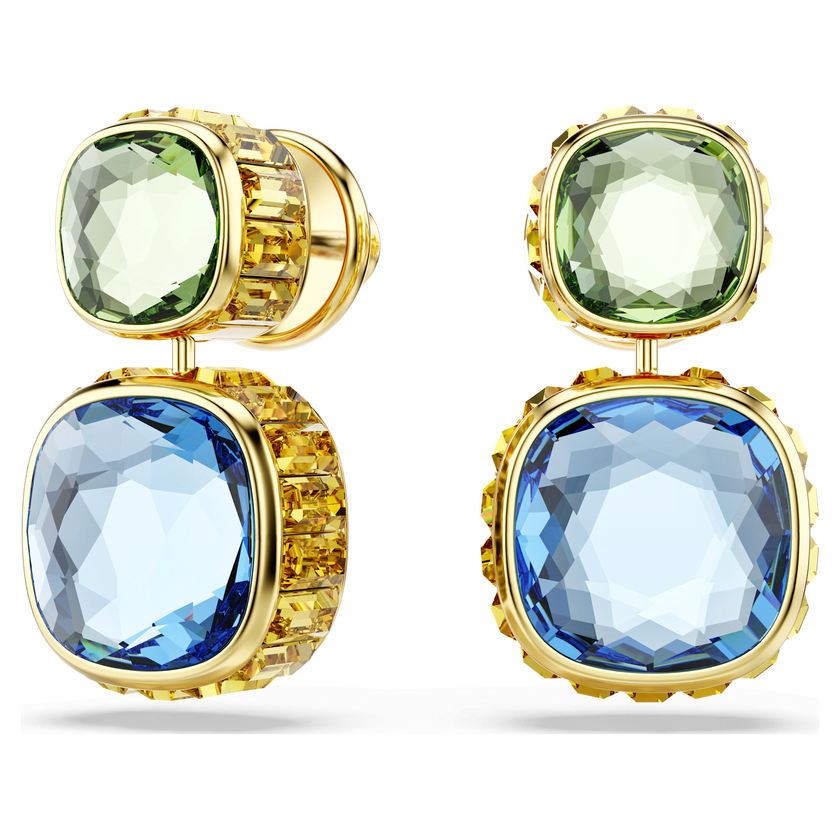 swarovski chroma drop earrings  cushion cut  multicolored  gold tone plated