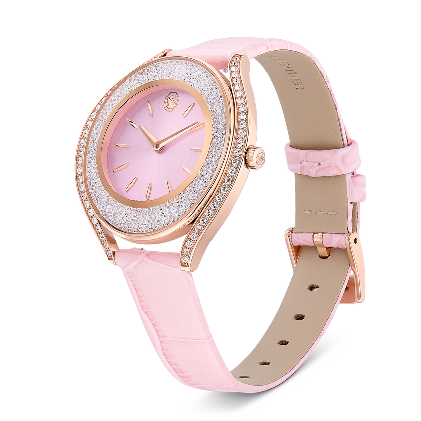 swarovski crystalline aura watch  swiss made  leather strap  pink  rose gold tone finish