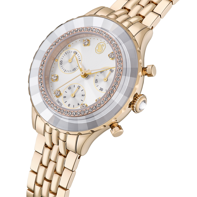swarovski ساعة octea chrono، صناعة سويسرية، سوار معدني، لون ذهبي، لمسة نهائية بلون ذهبي شامبين