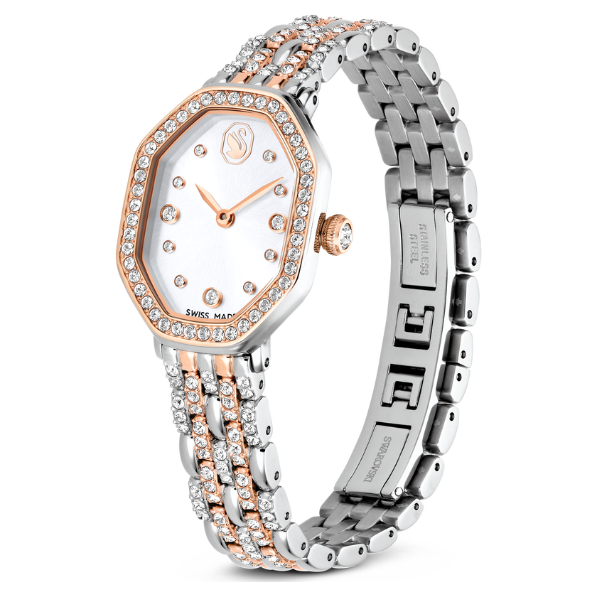 swarovski ساعة dextera octagon، صناعة سويسرية، سوار معدني، لون فضي، لمسة نهائية بلون ذهبي وردي