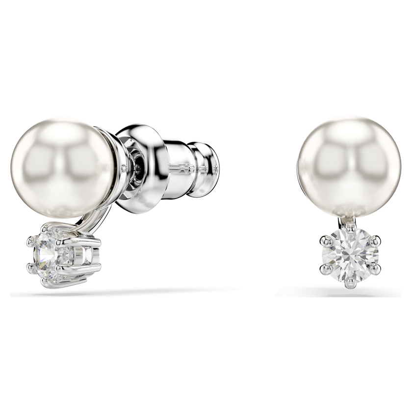 swarovski matrix stud earrings  crystal pearl  round cut  white  rhodium plated