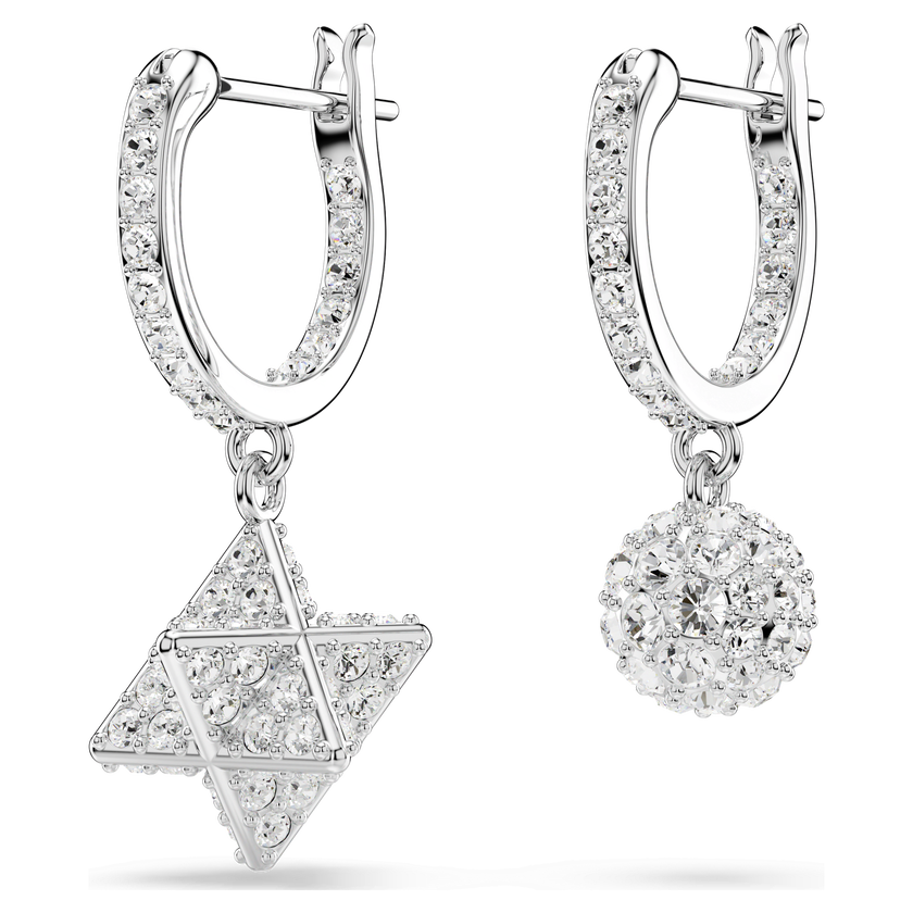 swarovski dextera drop earrings  asymmetrical design  round cut  star and sphere  white  rhodium plated