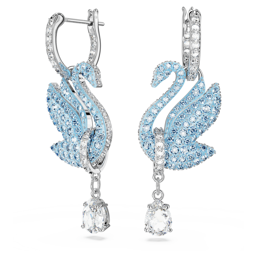 swarovski أقراط متدلية swan، على شكل بجعة، لون أزرق، طلاء روديوم