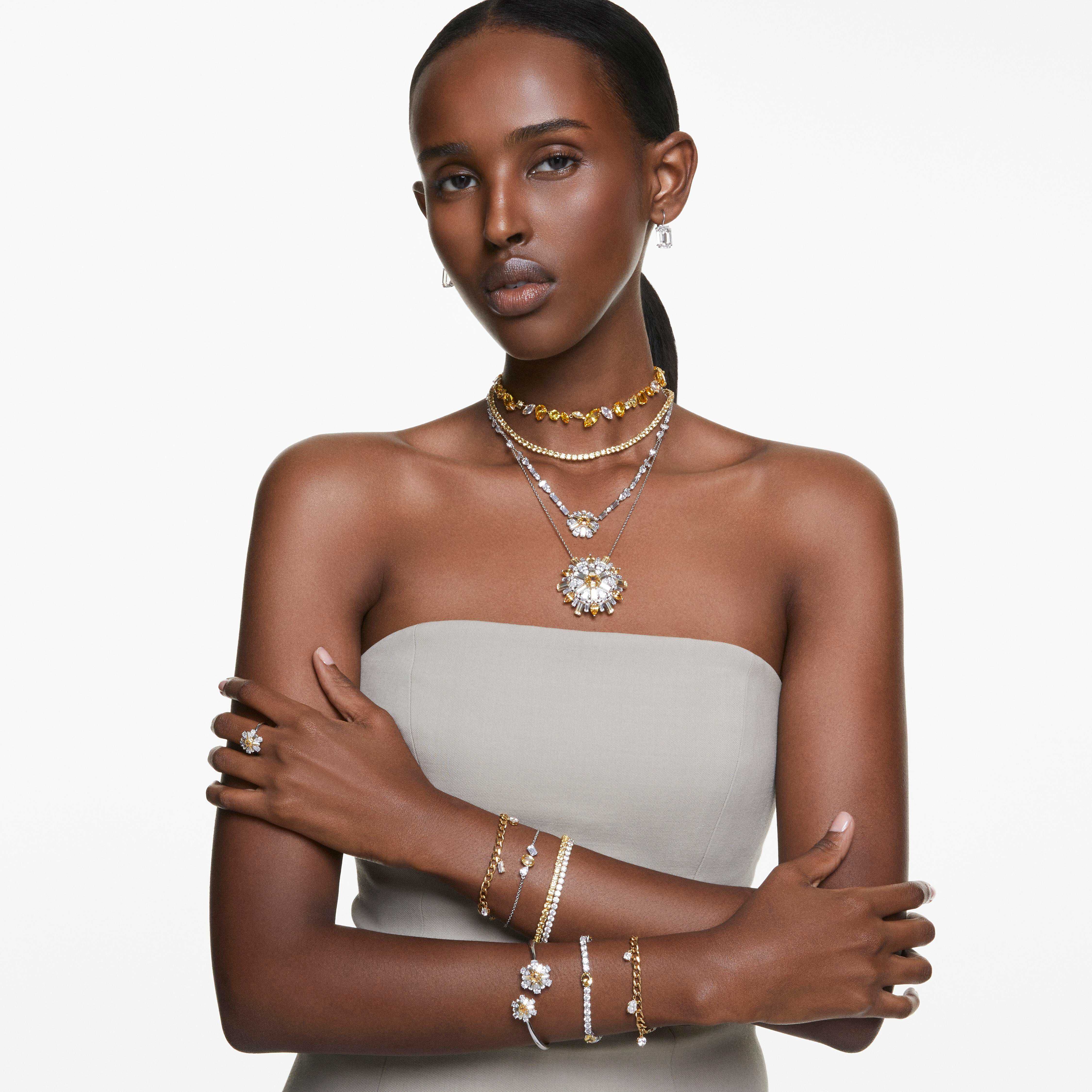 swarovski idyllia cocktail ring  mixed cuts  flower  yellow  rhodium plated