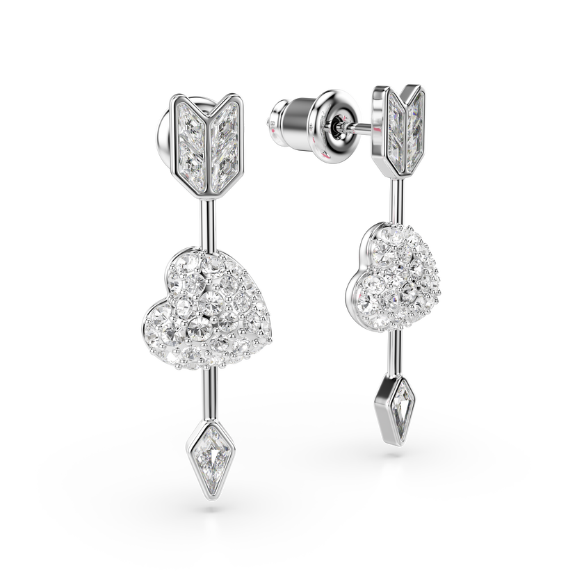 swarovski idyllia drop earrings  mixed cuts  heart with arrow  white  rhodium plated