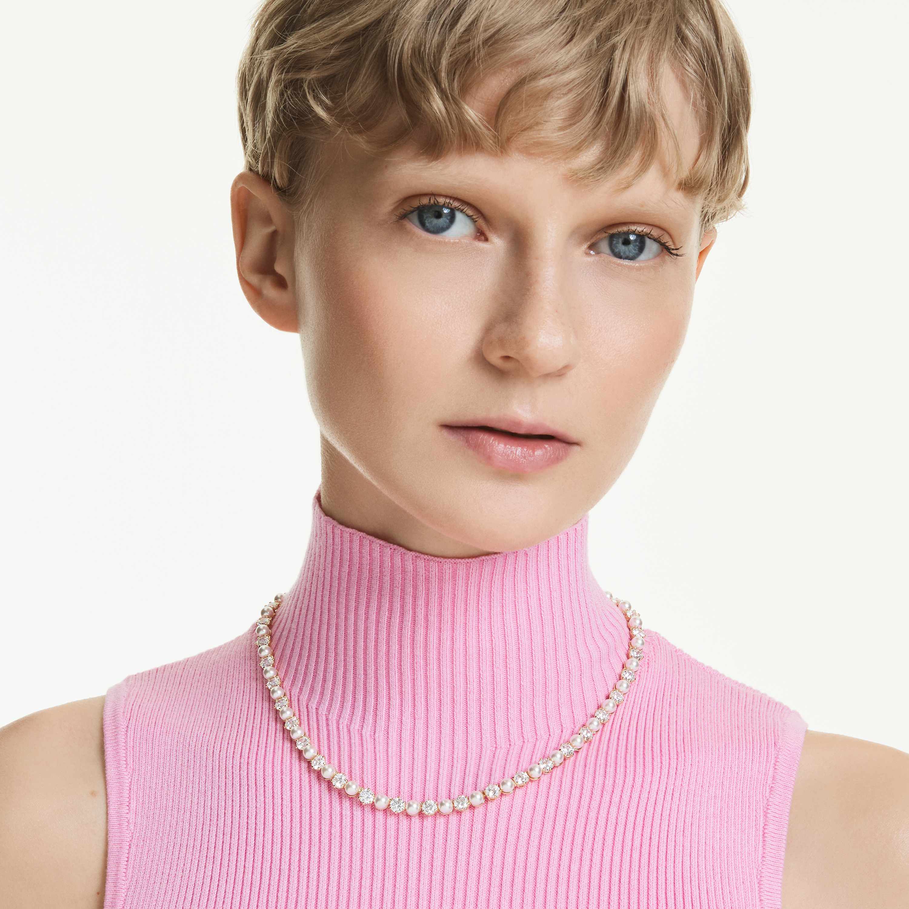 swarovski عقد matrix tennis، لآلئ كريستال، قطع مستدير، لون أبيض، طلاء باللون الذهبي