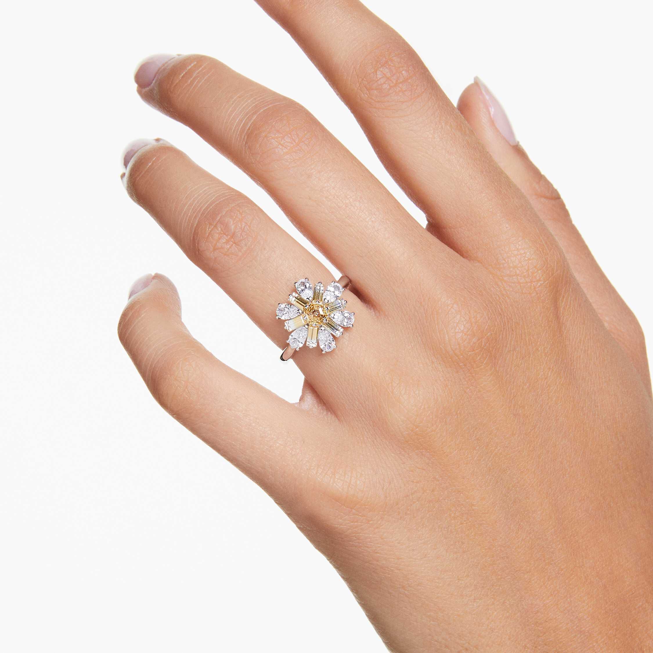 swarovski idyllia cocktail ring  mixed cuts  flower  yellow  rhodium plated