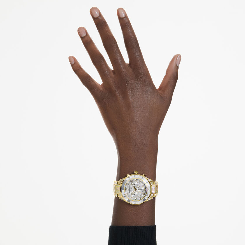 swarovski dextera lux watch  swiss made  metal bracelet  gold tone  gold tone finish
