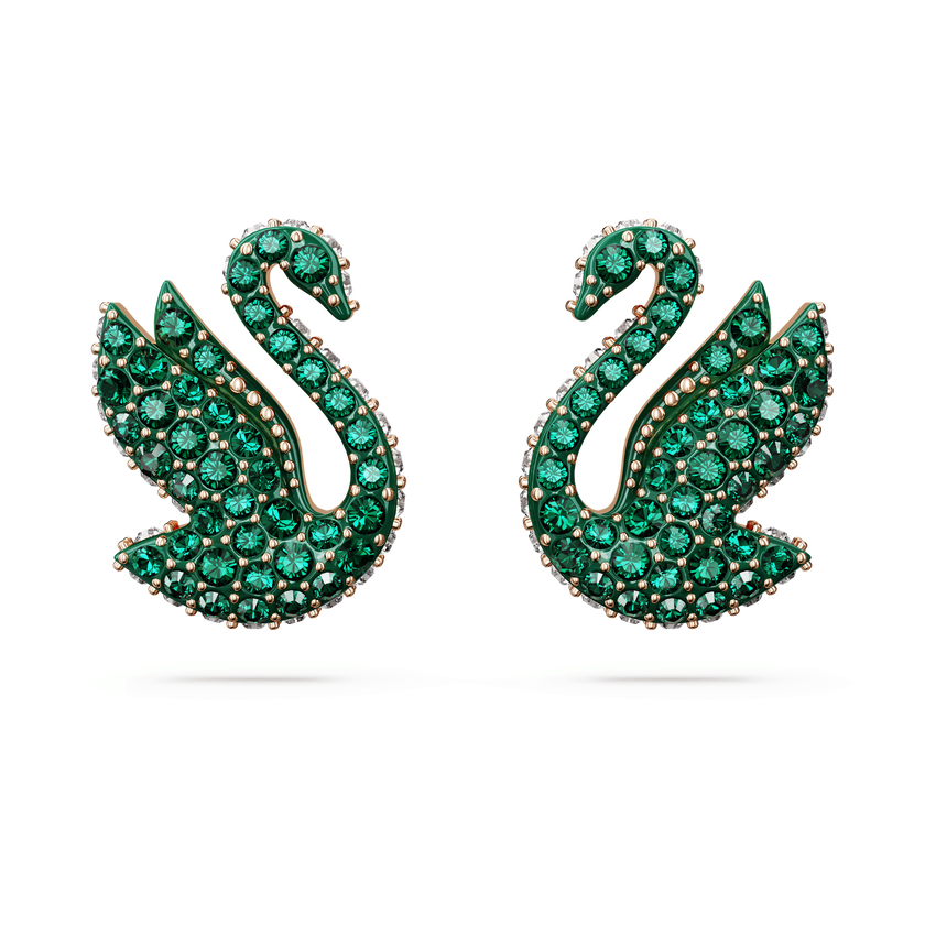 swarovski أقراط دبوسية swan، على شكل بجعة، لون أخضر، طلاء بلون ذهبي وردي