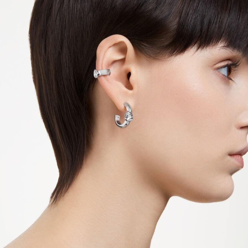 swarovski dextera hoop earrings with ear cuff  set  3   pear cut  white  rhodium plated