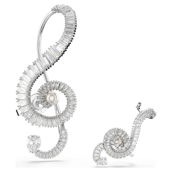 أقراط بمشبك ariana grande x swarovski، تصميم غير متماثل، لؤلؤة كريستال، قطع باغيت، لون أبيض، طلاء روديوم