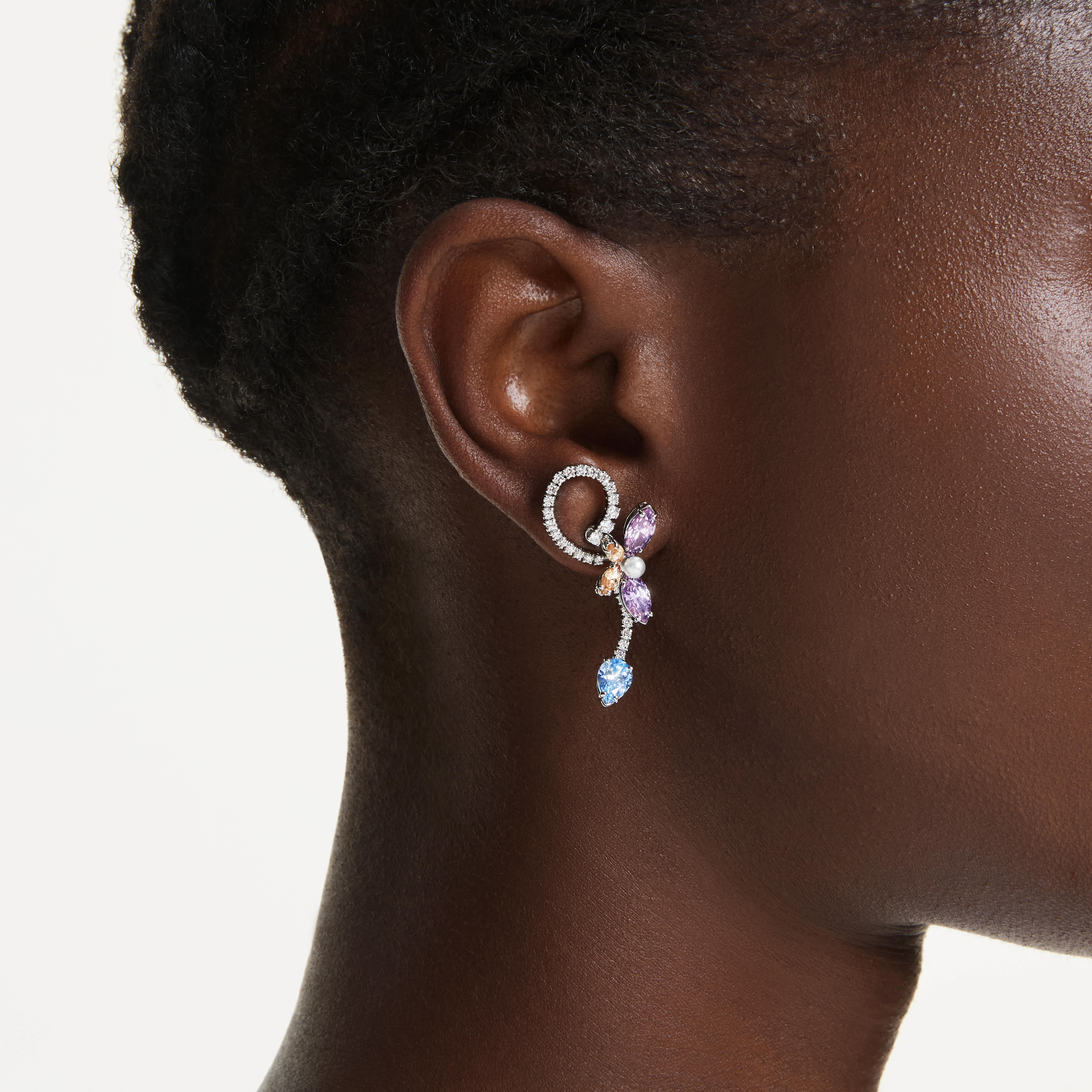 ariana grande x swarovski drop earrings with ear jacket  mixed cuts  dragonfly  flower  multicolored  rhodium plated