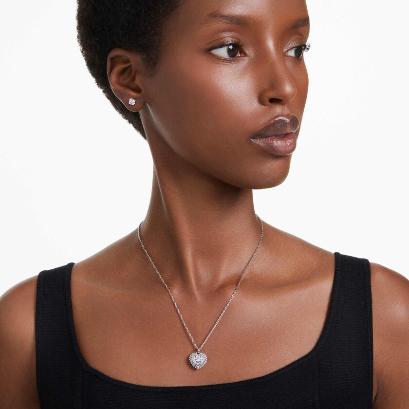 swarovski hyperbola set  crystal pearl  heart  white  rhodium plated