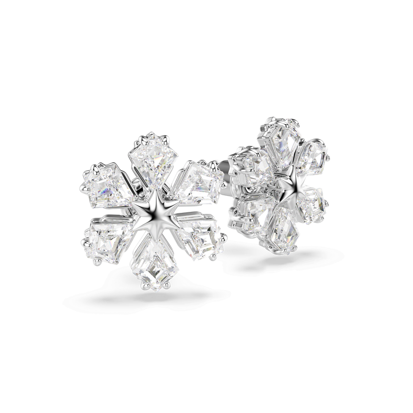 swarovski idyllia stud earrings  mixed cuts  snowflake  white  rhodium plated