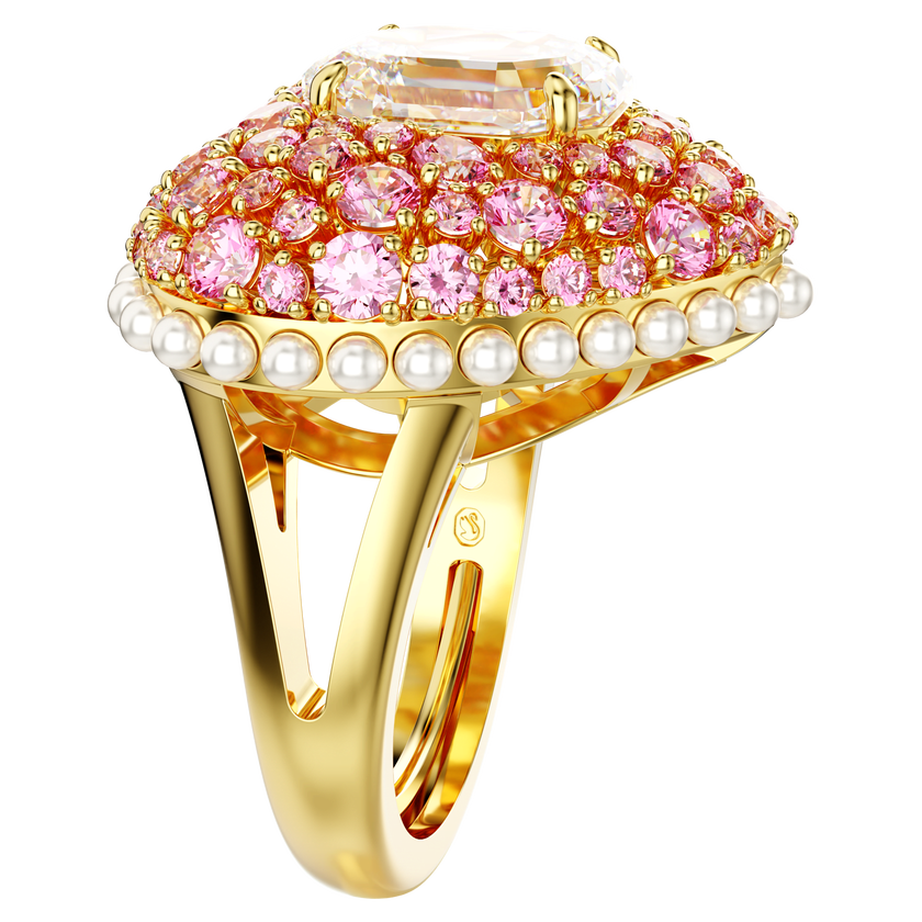 swarovski idyllia cocktail ring  octagon cut  crystal pearls  heart  pink  gold tone plated