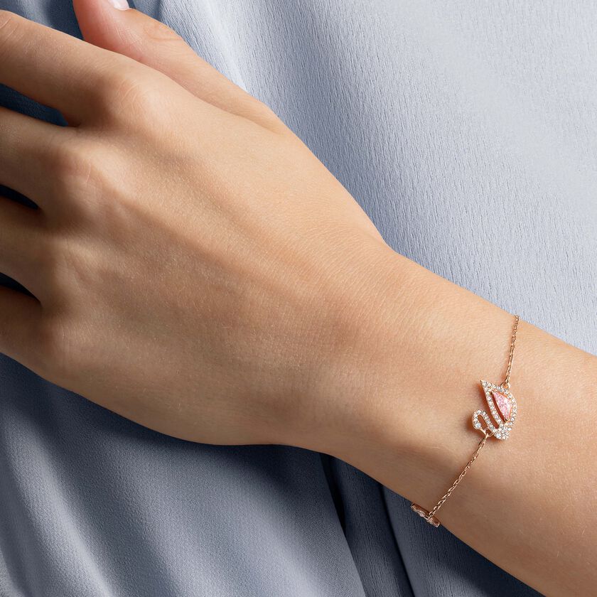 swarovski swan bracelet  magnetic closure  swan  pink  rose gold tone plated